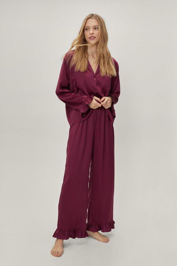 Womens Satin Long Ruffle Pajama Pants Set