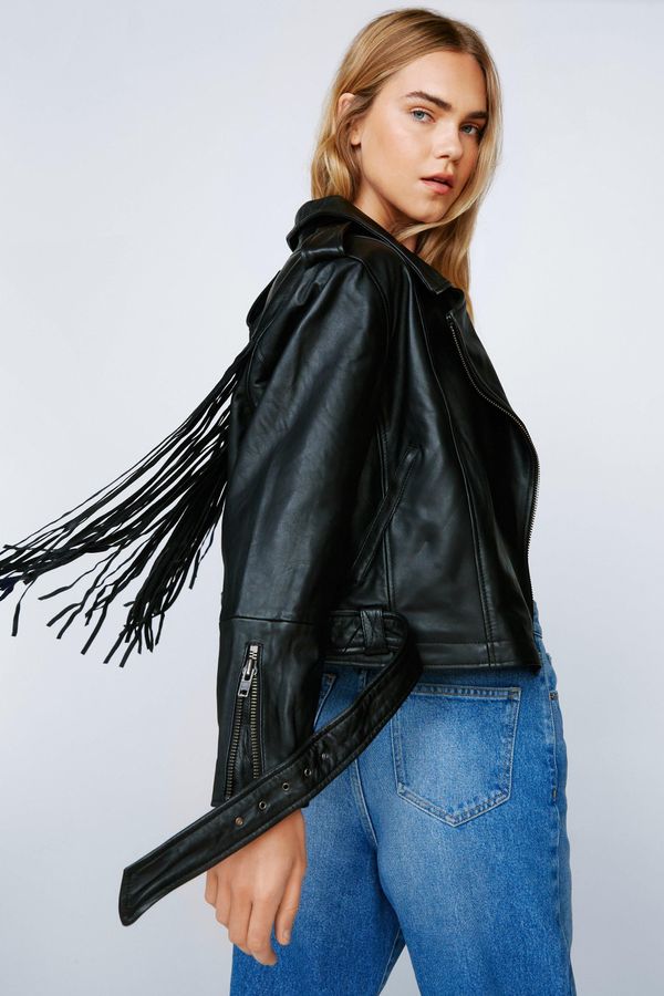 Womens Real Leather Extreme Fringe Biker Jacket - Black