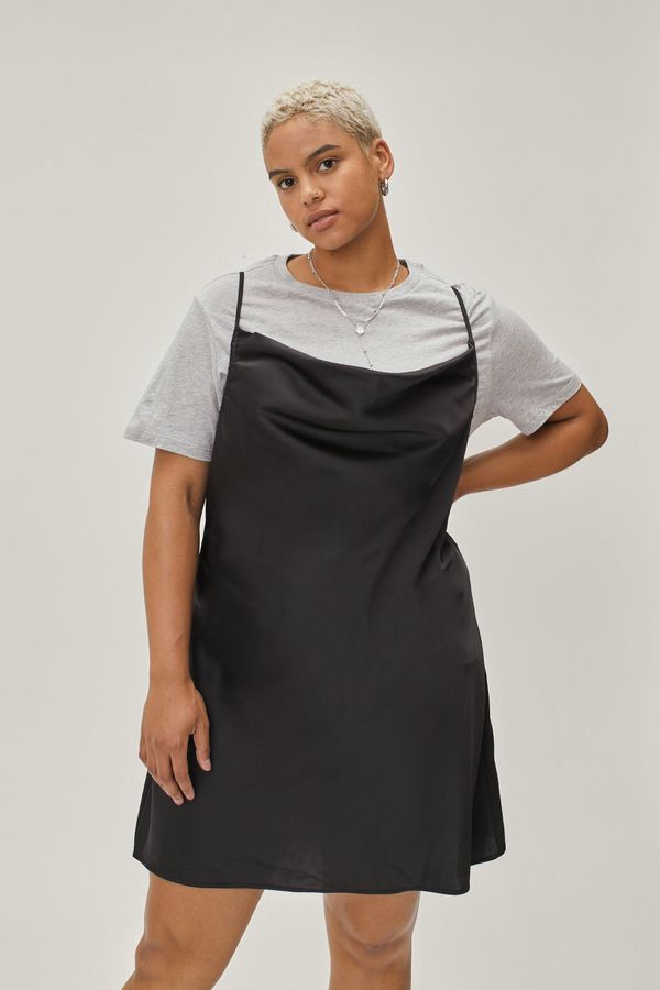 Womens Plus Size Satin Cowl Mini Slip Dress - Black - 18