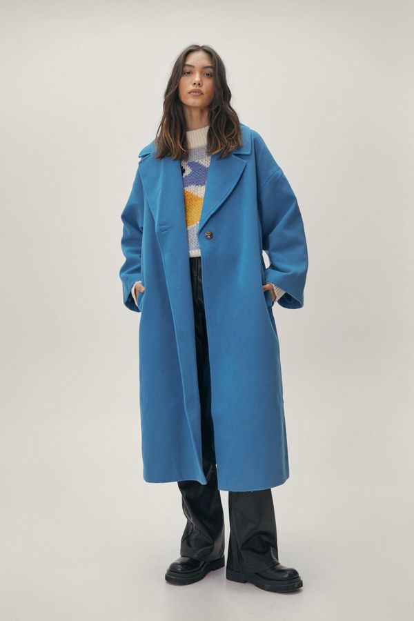 Womens Wool Look Oversized Long Sleeve Coat - Aqua