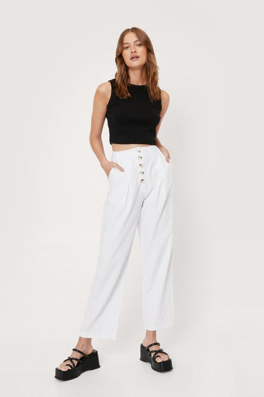 Womens Linen Look Cropped Wide Leg Pants - Ivory - 2