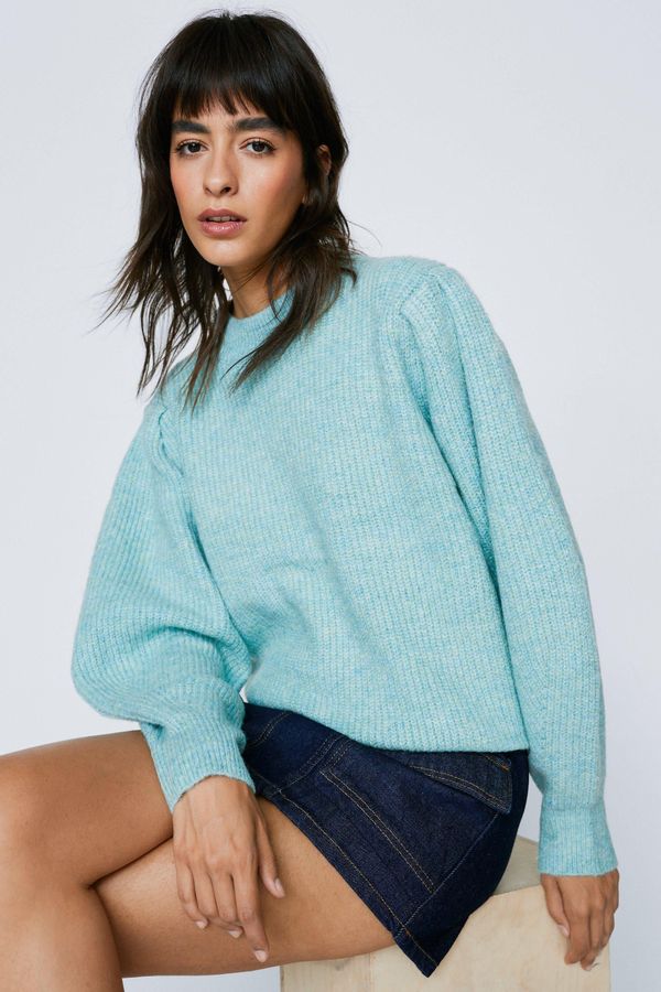 Womens Puff Shoulder Knitted Crew Neck Sweater