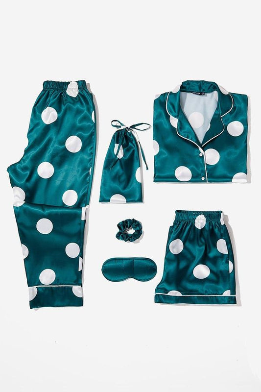 Womens Polka Dot Satin Pajama 6-Pc Set - Emerald