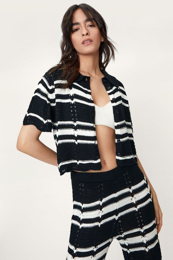 4.2 Womens Crochet Stripe Collared Oversized Shirt - Black - M