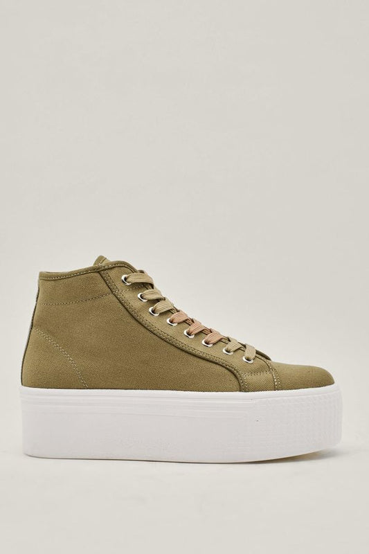 Womens High Top Flatform Lace Up Canvas Sneakers - Khaki - 6