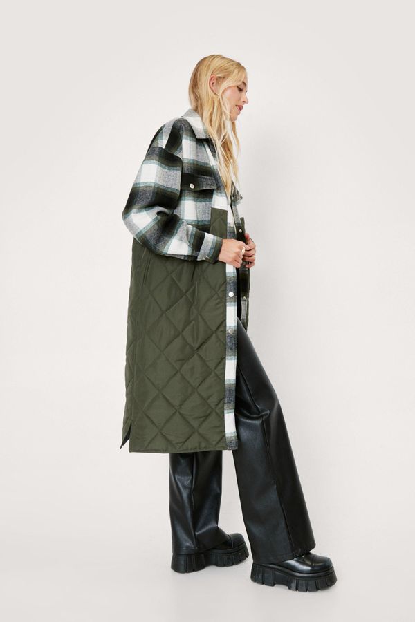 4.2 Womens Check Quilted Maxi Shacket - Khaki