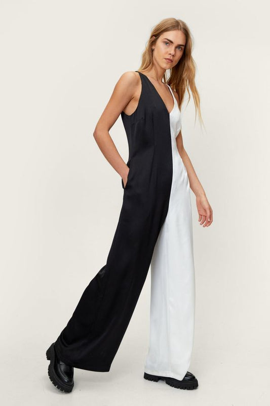 Womens Hammered Satin Mono Spliced Jumpsuit