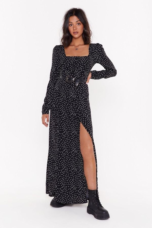 Womens Polka Dot Square Neck Maxi Slit Dress - Black - 4