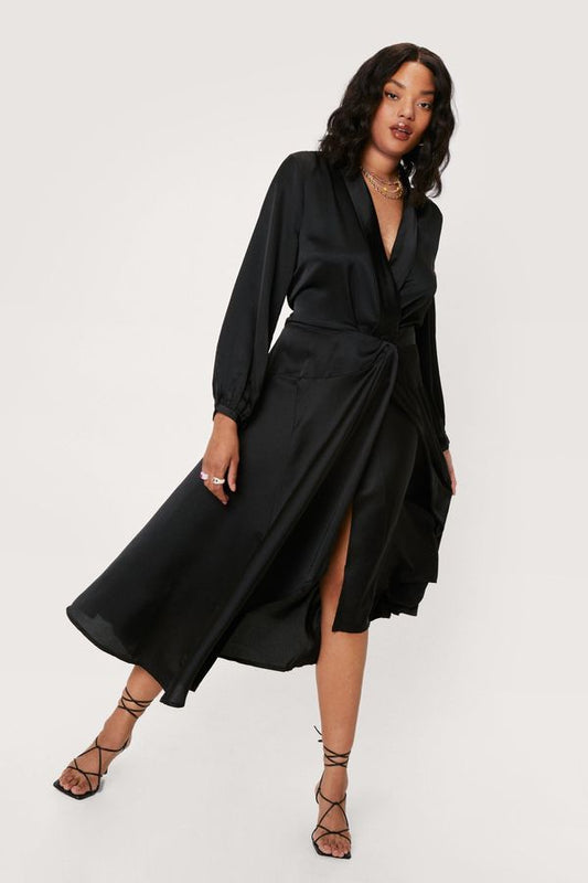 Womens Plus Size Satin Long Sleeve Midi Dress