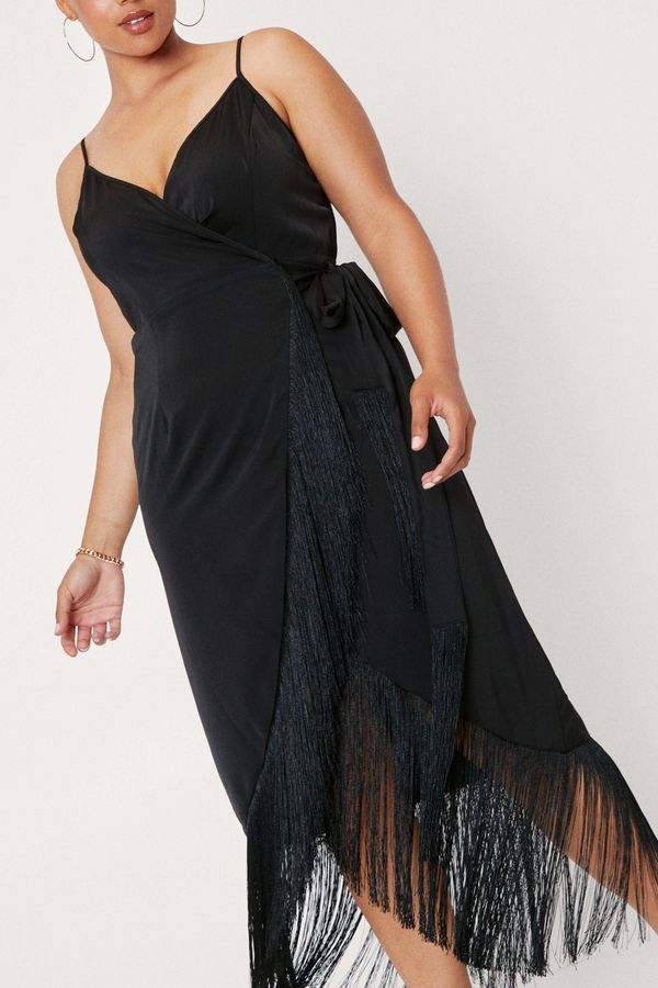 Womens Plus Size Fringe Trim Satin Wrap Midi Dress - Black