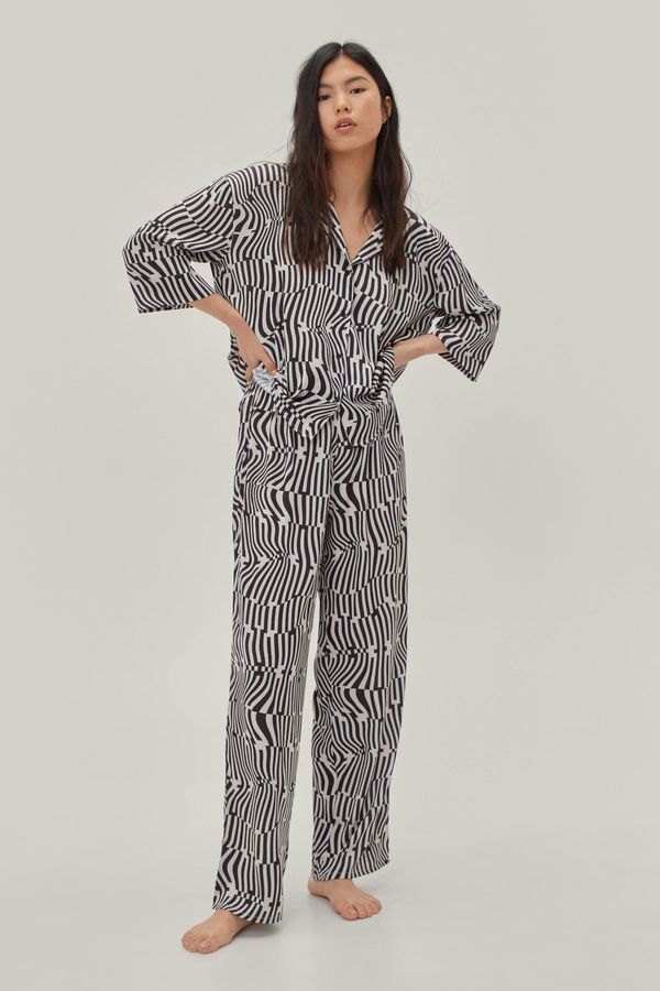 4.1 Womens Geo Print Boxy Shirt Pajama Pants Set - Coffee