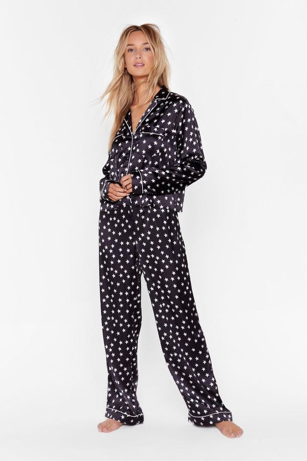 Womens Star Satin Pants Pajama Set - Black