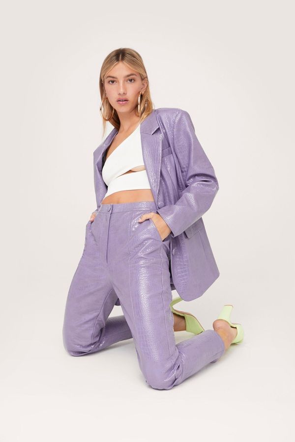 4.2 Womens Faux Leather Croc Embossed Oversized Blazer - Lilac