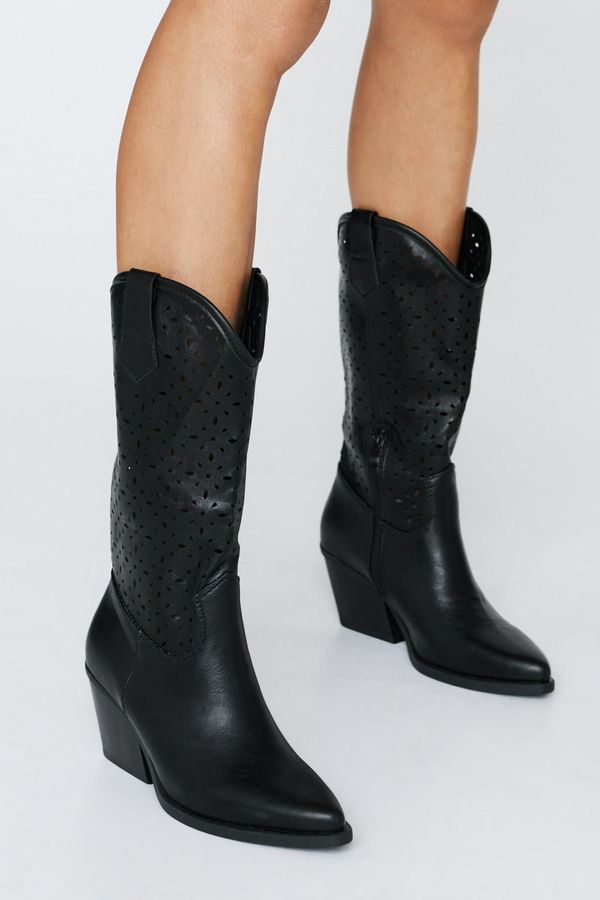 4.2 Womens Faux Leather Laser Cut Midi Cowboy Boots - Black - 5