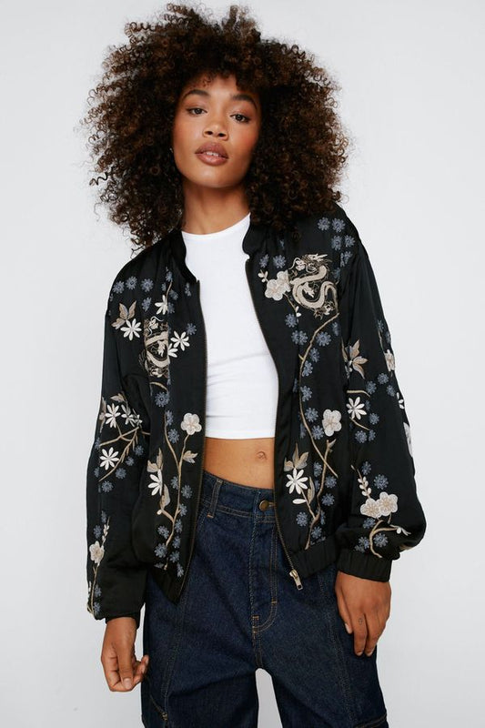 4.2 Womens Dragon Embroidered Bomber Jacket - Black - S