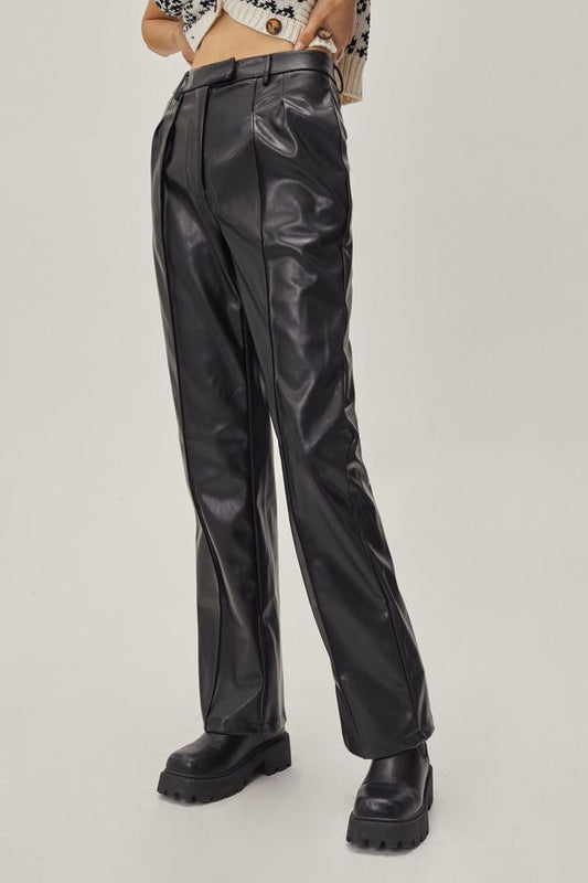 4.1 Womens Faux Leather Straight Leg Pleated Pants - Black