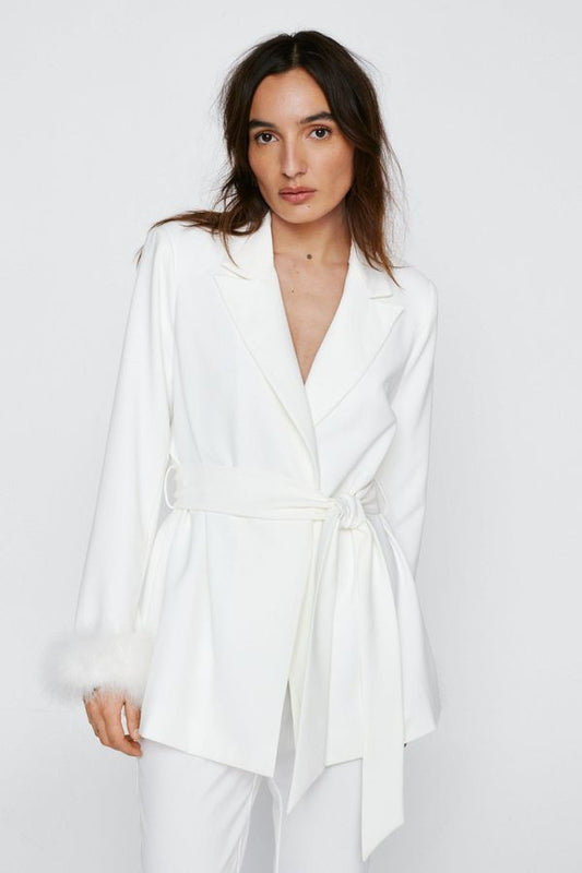 Womens Petite Belted Blazer With Feather Cuffs - White