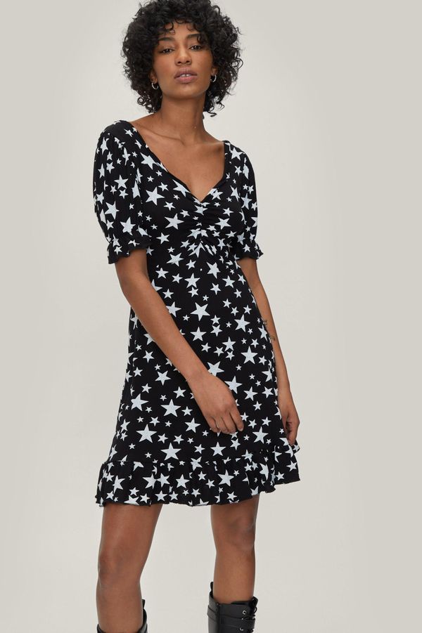 Womens Star Print Lace Up Back Mini Smock Dress - Black - 2