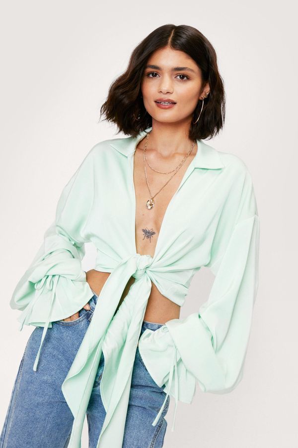 Womens Satin Tie Front Balloon Sleeve Shirt - Pale Green - 6