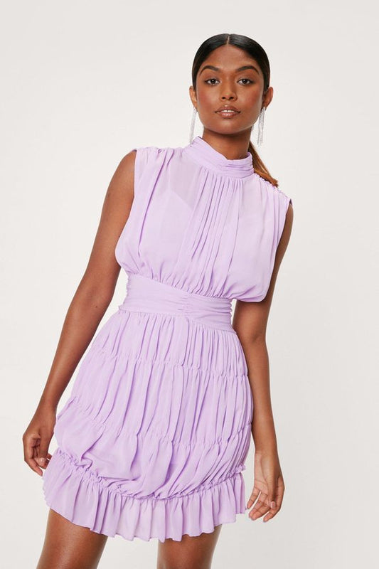 Womens Shirred Skirt High Neck Chiffon Mini Dress - Lilac - M