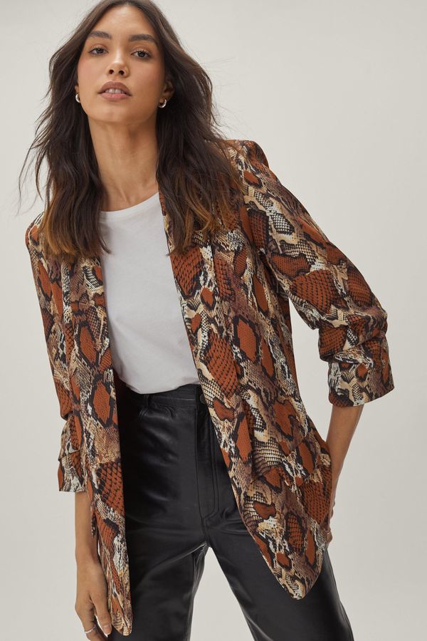 Womens Gathered Sleeve Snake Print Blazer - Rust - 2