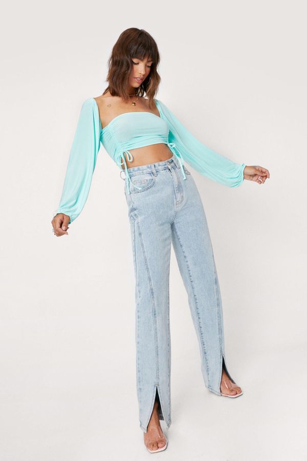 Womens Long Sleeve Ruched Tie Crop Top - Sage - 0