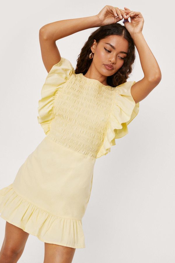 Womens Petite Shirred Ruffle Mini Dress - Lemon - 6