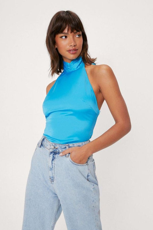 Womens Oversized Bow Halter Satin Top - Blue