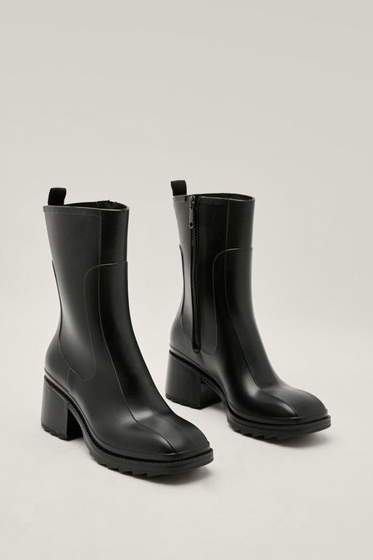 Womens Faux Leather Zip Down Heeled Rain Boots - Black - 7