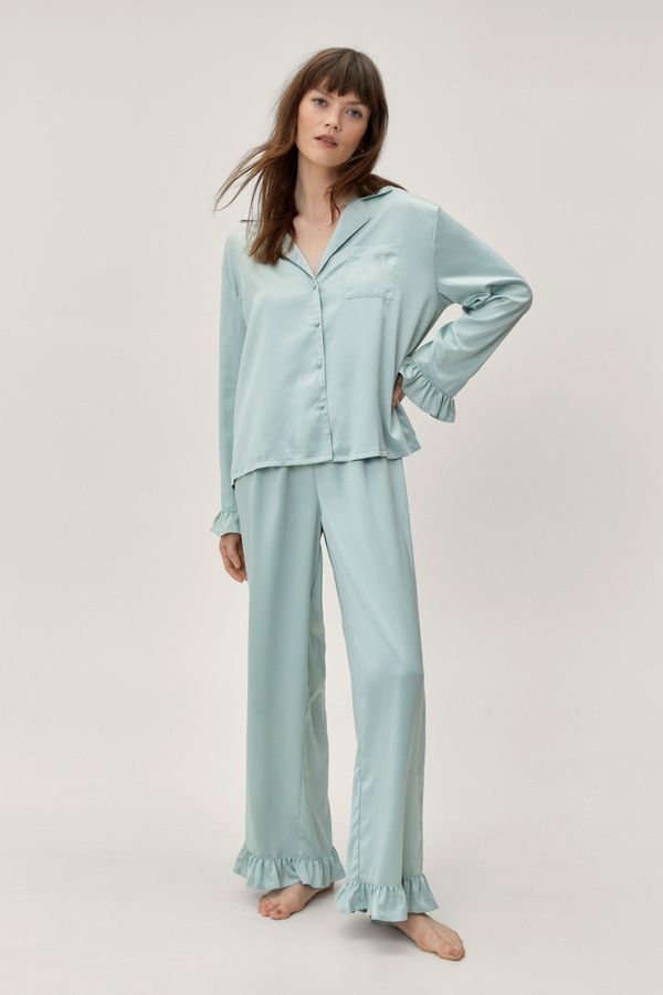 Womens Satin Long Ruffle Pajama Pants Set