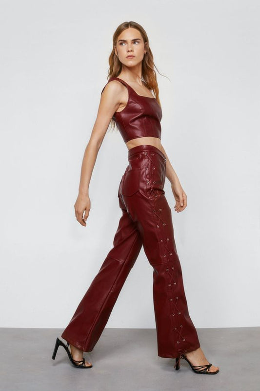 Womens Faux Leather Lace Up Side Flare Pants - Oxblood