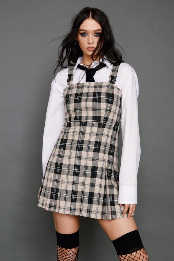 4.2 Womens Check Pleated Square Neck Mini Dress - Mono