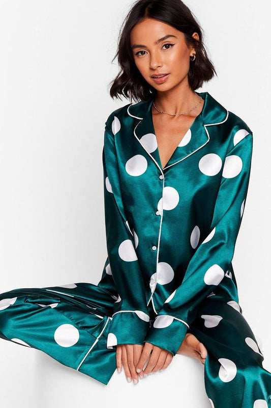 Womens Polka Dot Satin Pants Pajama Set - Emerald