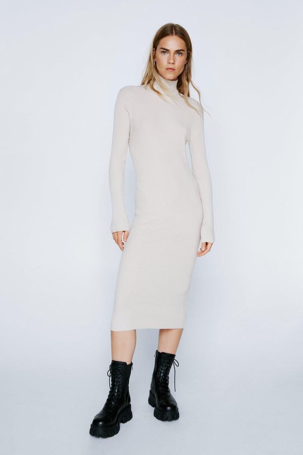 4.1 Womens Knit Roll Neck Sweater Midi Dress - Stone