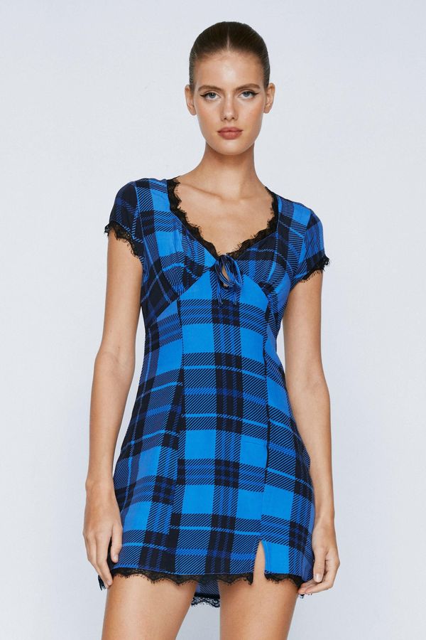 4.2 Womens Check Lace Trim Mini Dress - Blue