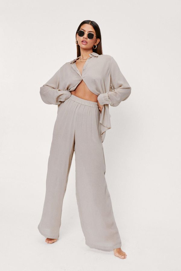 4.2 Womens Crinkle Shirt And Wide Leg Pants Cover Up Set