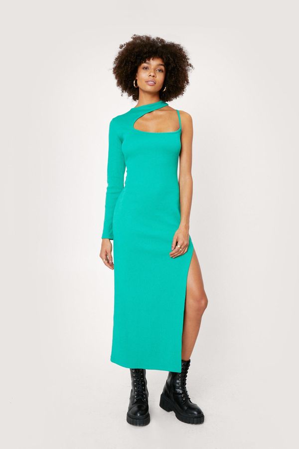 Womens Ribbed Cut Out Neckline Bodycon Midaxi Dress - Green