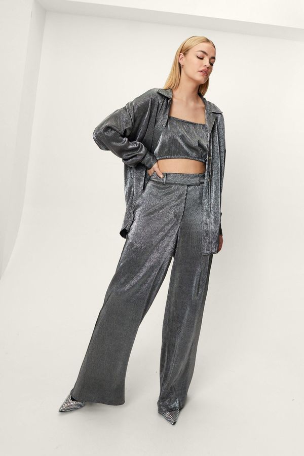 Womens Metallic Plisse Wide Leg Pants - Silver