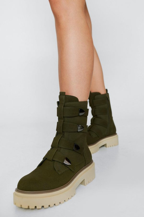 4.2 Womens Buckle Straps Ankle Biker Boots - Khaki