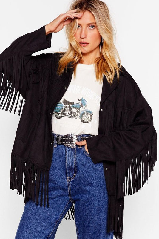 Womens Faux Suede Tassel Fringe Jacket - Black - S