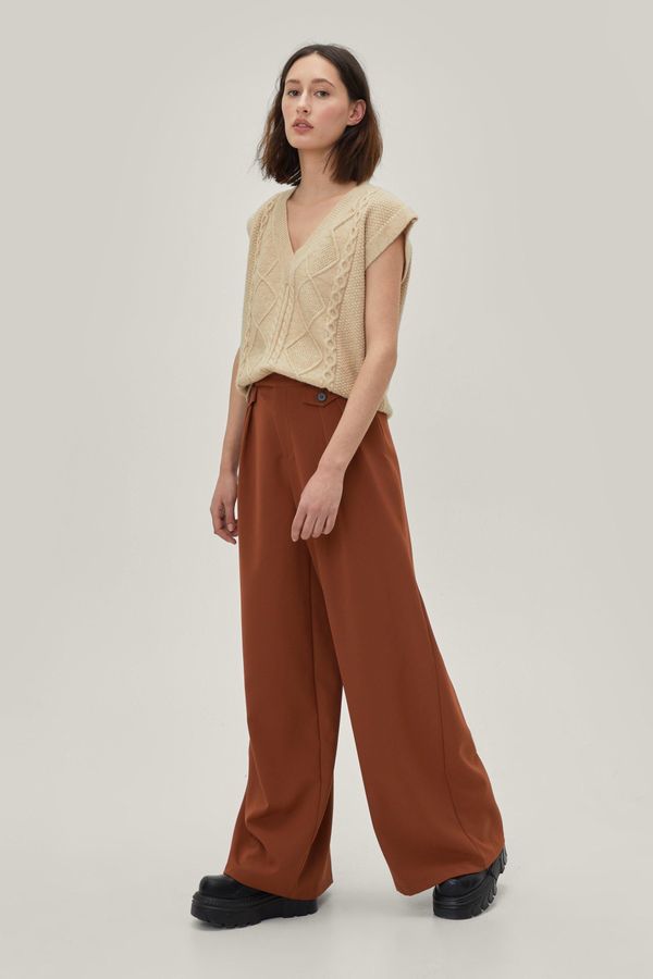 4.1 Womens Pleated Button Detail Tailored Wide Leg Pants - Tan