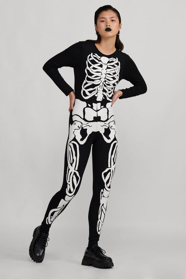 Womens Long Sleeve Skeleton Jumpsuit - Black