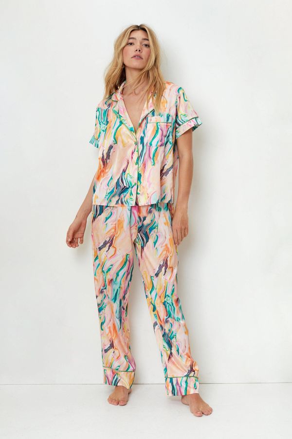 4.1 Womens Satin Marble Print Shirt and Pants Pajama Set - Multi - 2