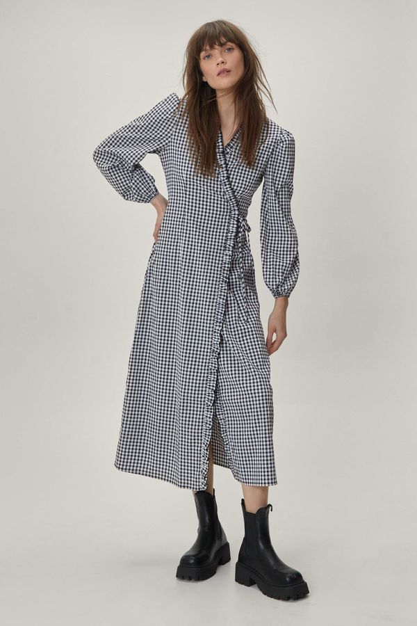 4.2 Womens Checked Puff Sleeve Midaxi Wrap Dress - Black - 0