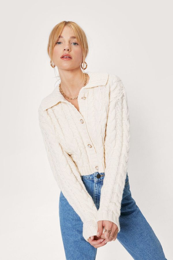 Womens Petite Cable Knit Diamante Button Cardigan - Cream - M