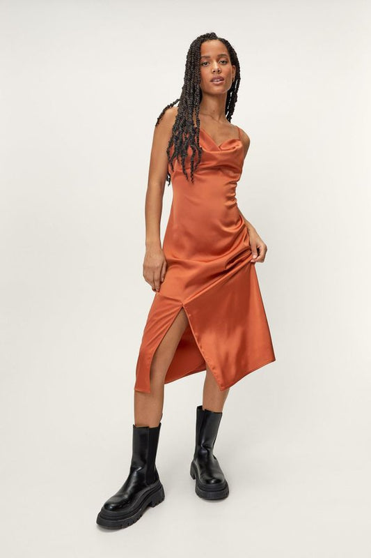 Womens Petite Satin Bias Cowl Midi Dress - Toffee