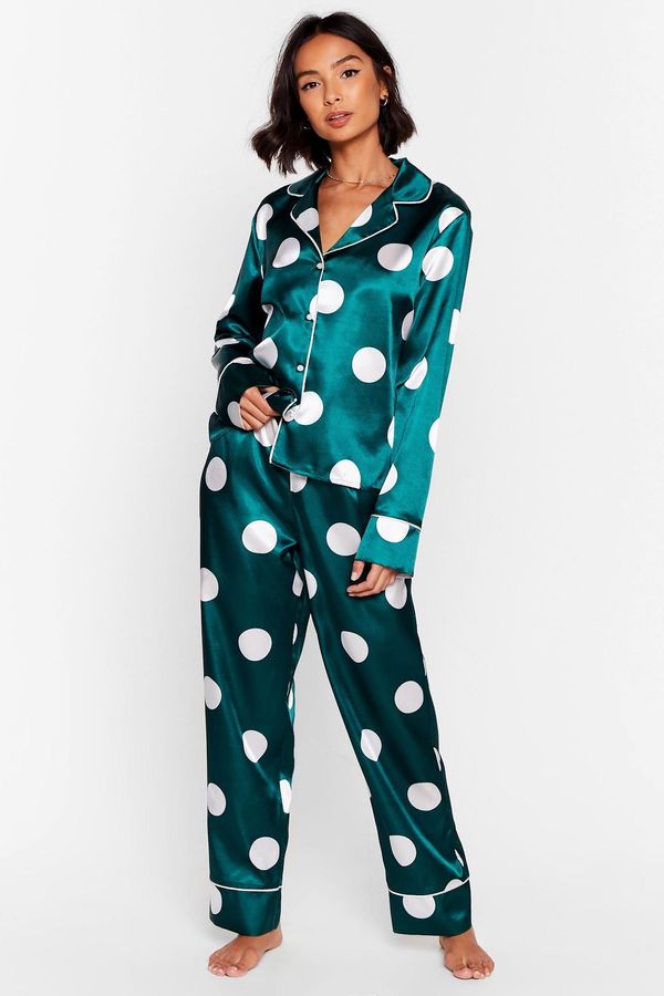 Womens Polka Dot Satin Pants Pajama Set - Emerald