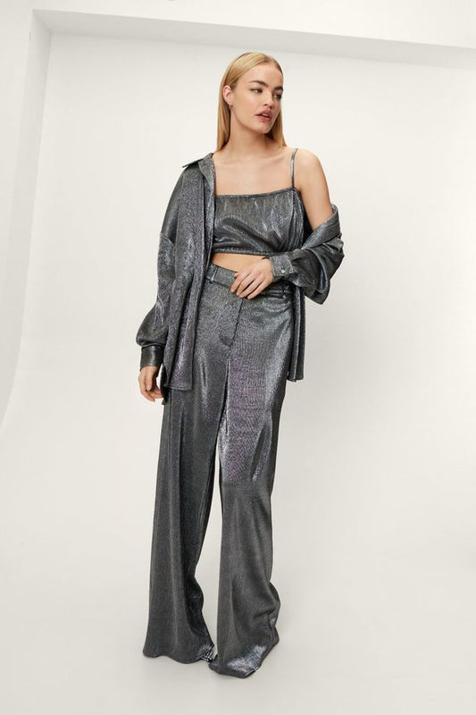 Womens Metallic Plisse Wide Leg Pants - Silver