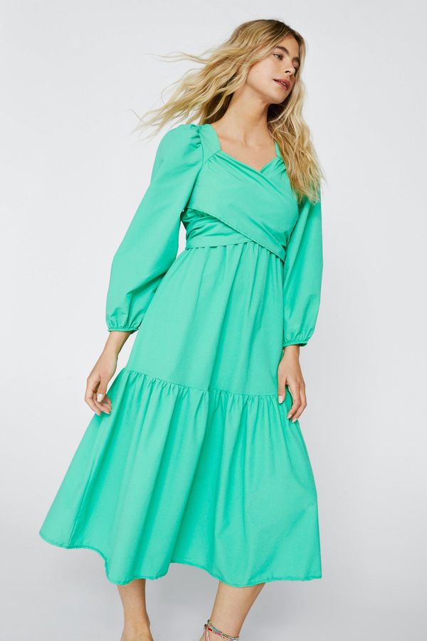 4.2 Womens Crossover Puff Sleeve Tiered Smock Dress - Green - S