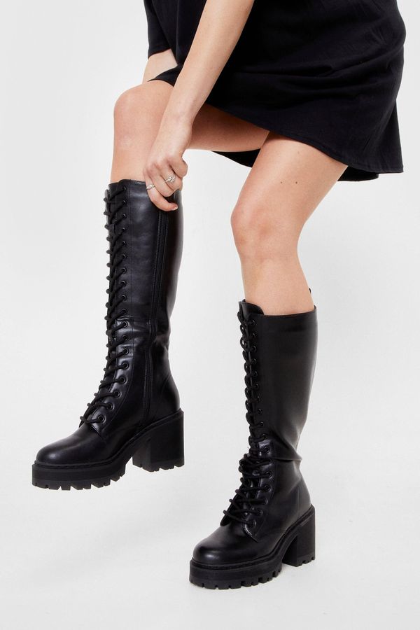 Womens Lace Up Knee High Chunky Boots - Black